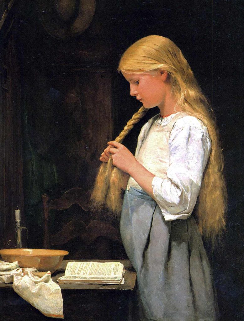 Girl Twisting her Hair by Albert Anker
