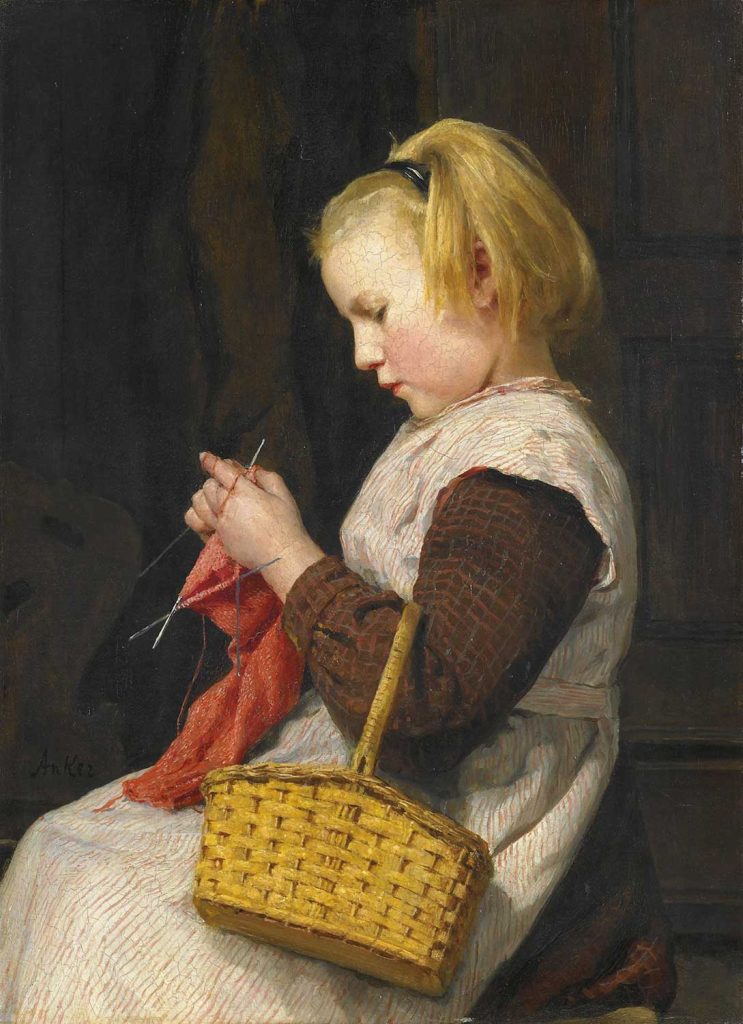 Knitting Girl with Basket by Albert Anker