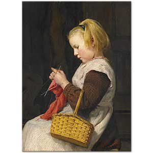 Knitting Girl with Basket by Albert Anker
