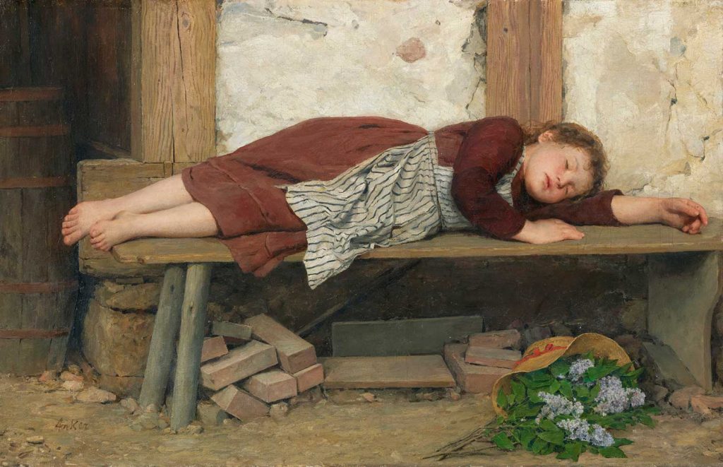 Sleeping Girl on a Wooden Bench by Albert Anker