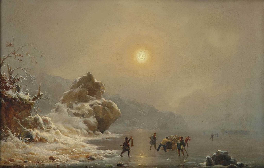 A Winter Landscape with Hunters on the Ice by Andreas Achenbach