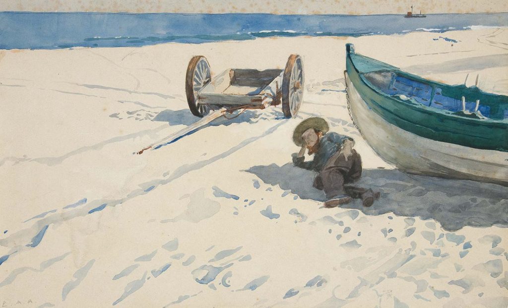 Beach Scene with Man Resting in Shadow of Boat by Edwin Austin Abbey