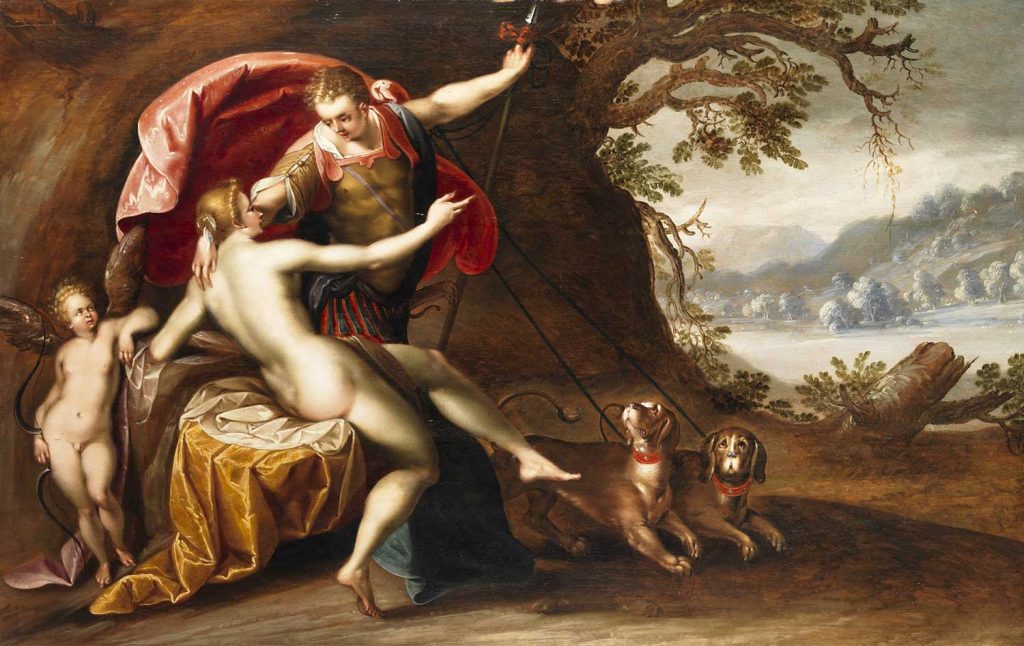 Venus and Adonis with Hounds by Hans von Aachen