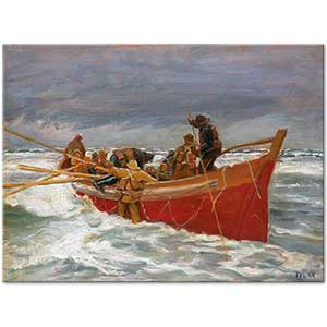 The Red Rescue Boat on its Way out the Sea by Michael Peter Ancher