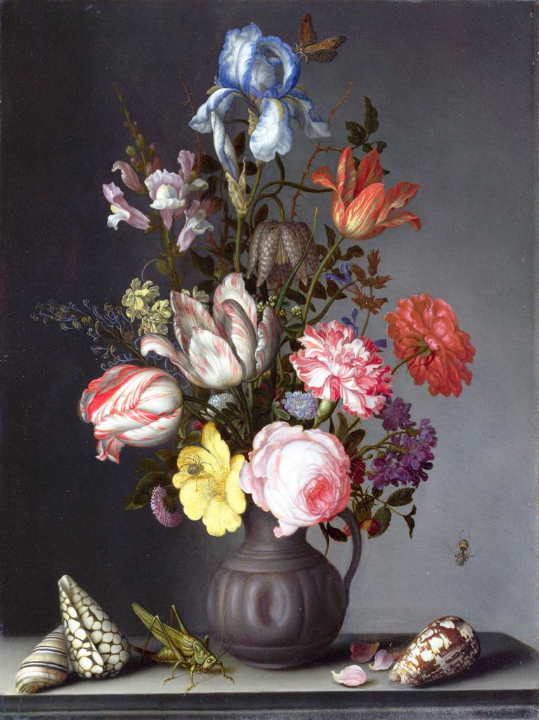 Flowers in a Vase with Shells and Insects by Balthasar van der Ast