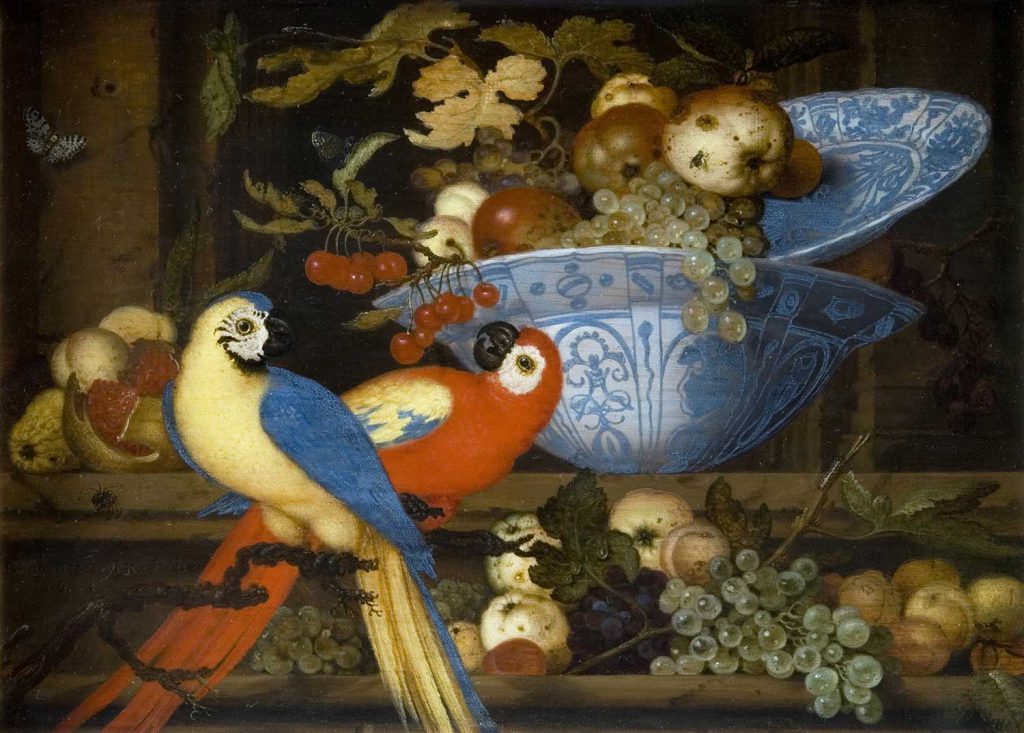 Fruit Still Life With Two Parrots by Balthasar van der Ast