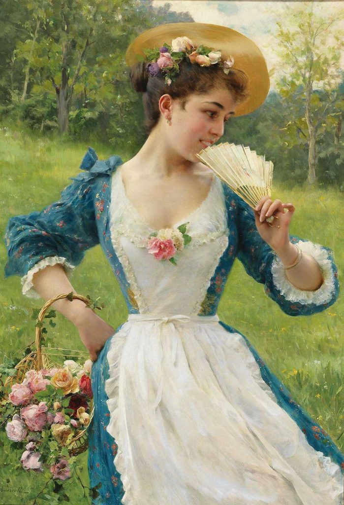 Young Beauty With A Basket Of Roses by Federico Andreotti