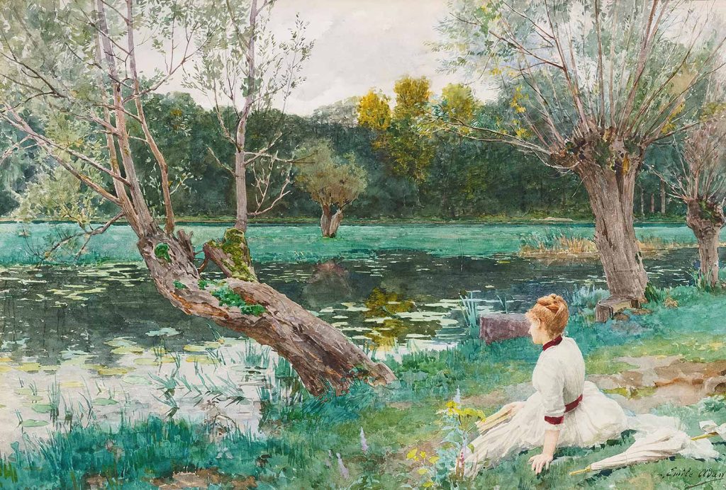 Young Girl At The Edge Of The Pond by Louis Emile Adan