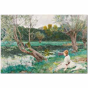 Young Girl At The Edge Of The Pond by Louis Emile Adan