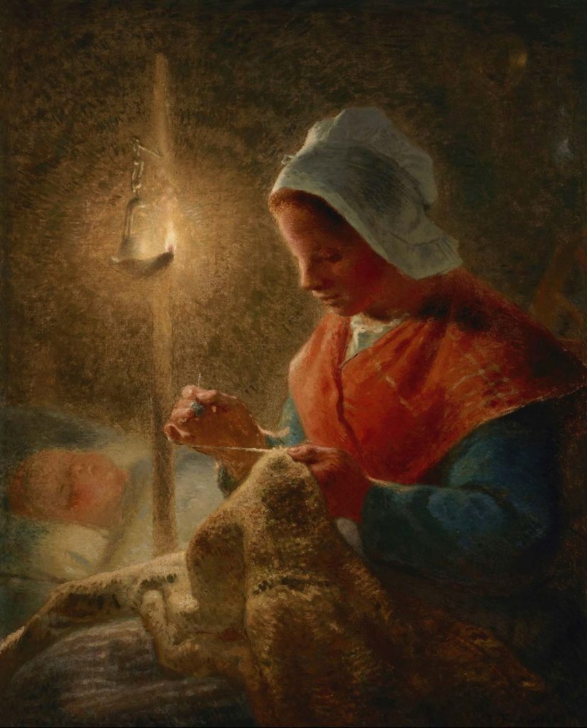 Woman Sewing by Lamplight by Jean-François Millet