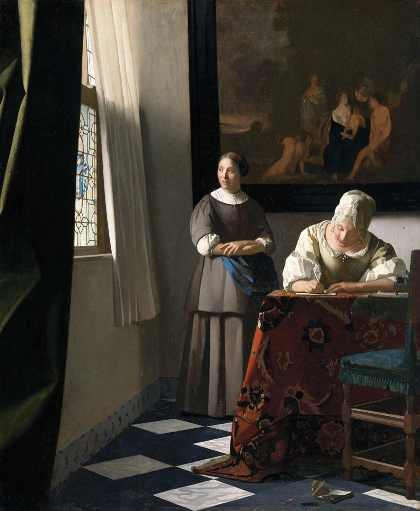 Woman Writing a Letter with her Maid by Johannes Vermeer