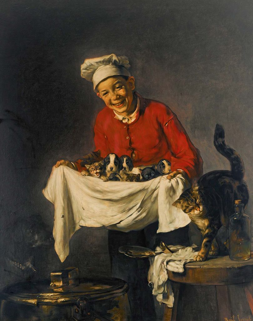 Jeune Commis Avec Chiots Et Chatons by Joseph Bail