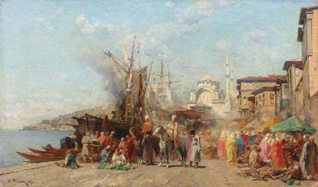 A market Before Nusretiye Camii Mosque by Alberto Pasini