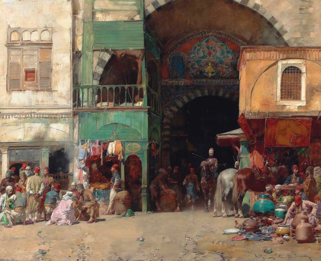 Marketplace At The Entrance To A Bazaar, Constantinople by Alberto Pasini